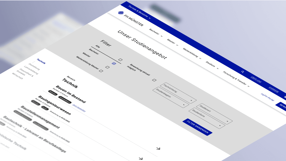 Verschiedene Wireframe-Entwürfe für den Relaunch der FH-Münster-Website