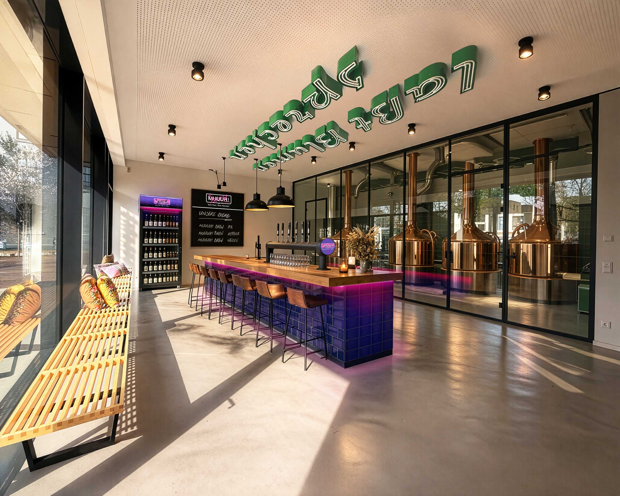 Visualisierung der MUUUH! Brew Brauerei im Hageloft mit moderner Bartheke und Braukesseln