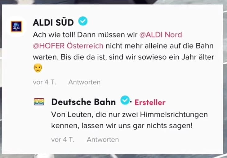 Twitter-Austausch zwischen ALDI Süd und Deutscher Bahn: humorvolle Stichelei über Zugverspätungen