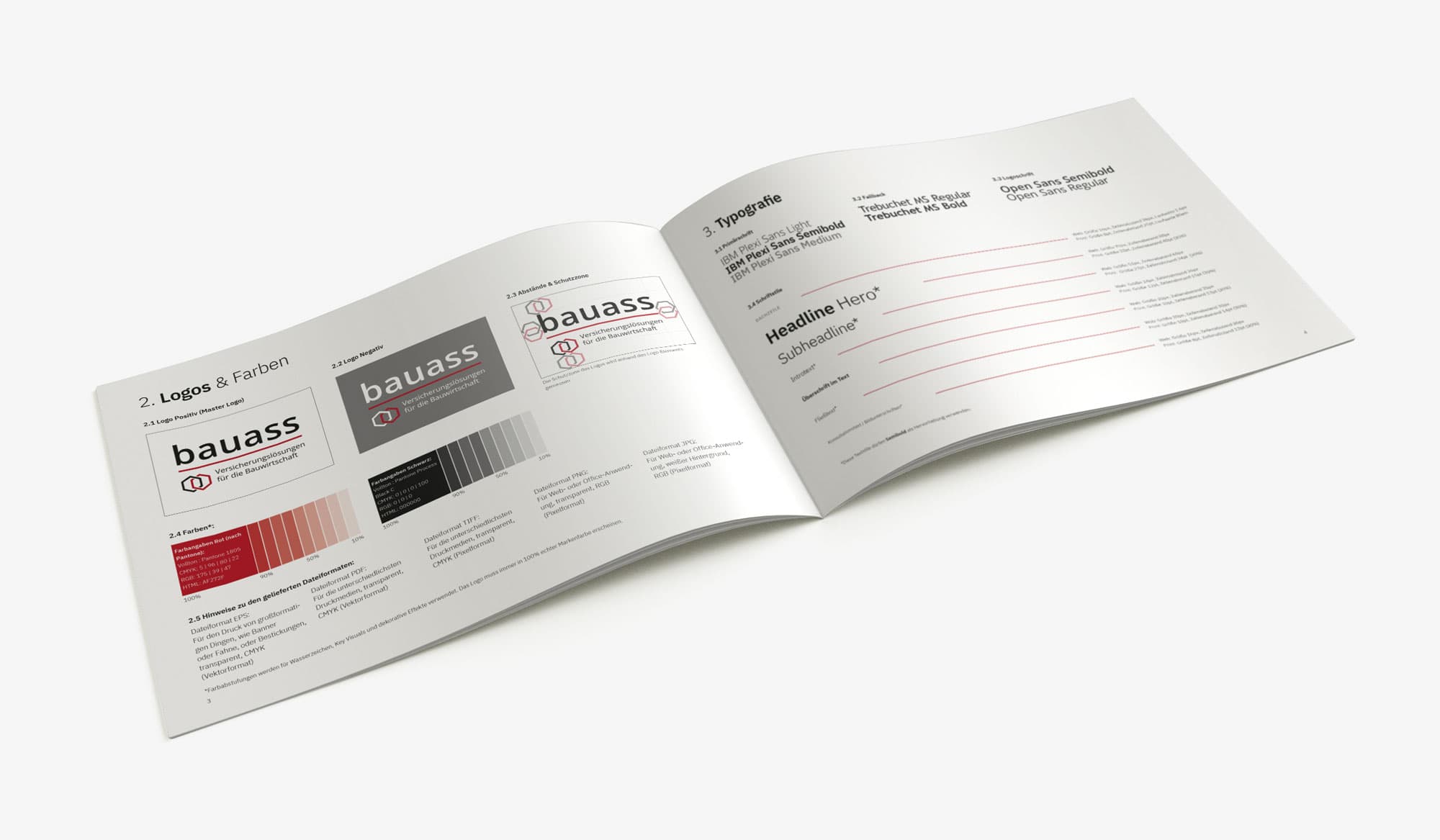 Aufgeschlagenes bauass Corporate Design Manual mit Logo und Hausschrift-Vorgaben
