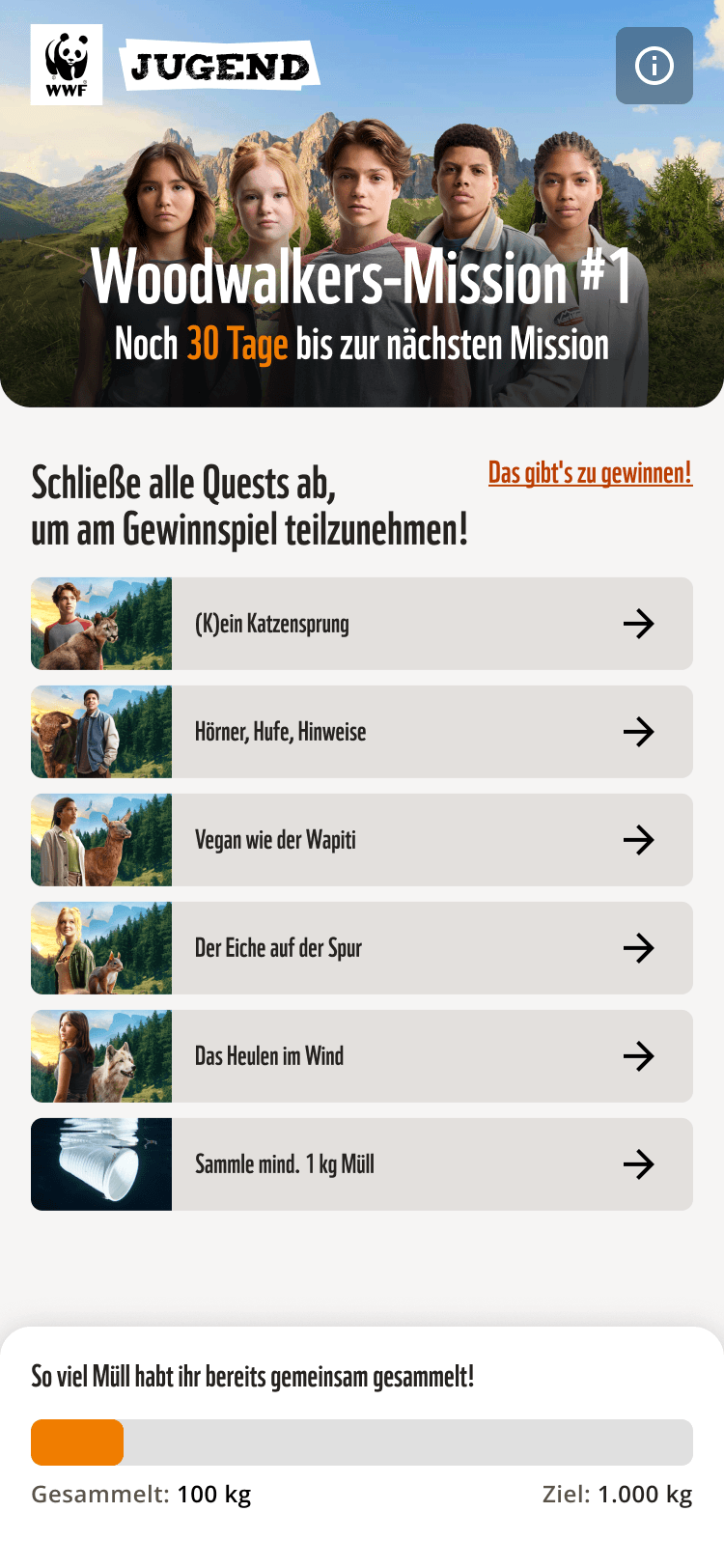 Woodwalkers-Mission in der WWF Pandaktiv App zeigt sechs Umwelt-Quests und Müllsammel-Fortschritt