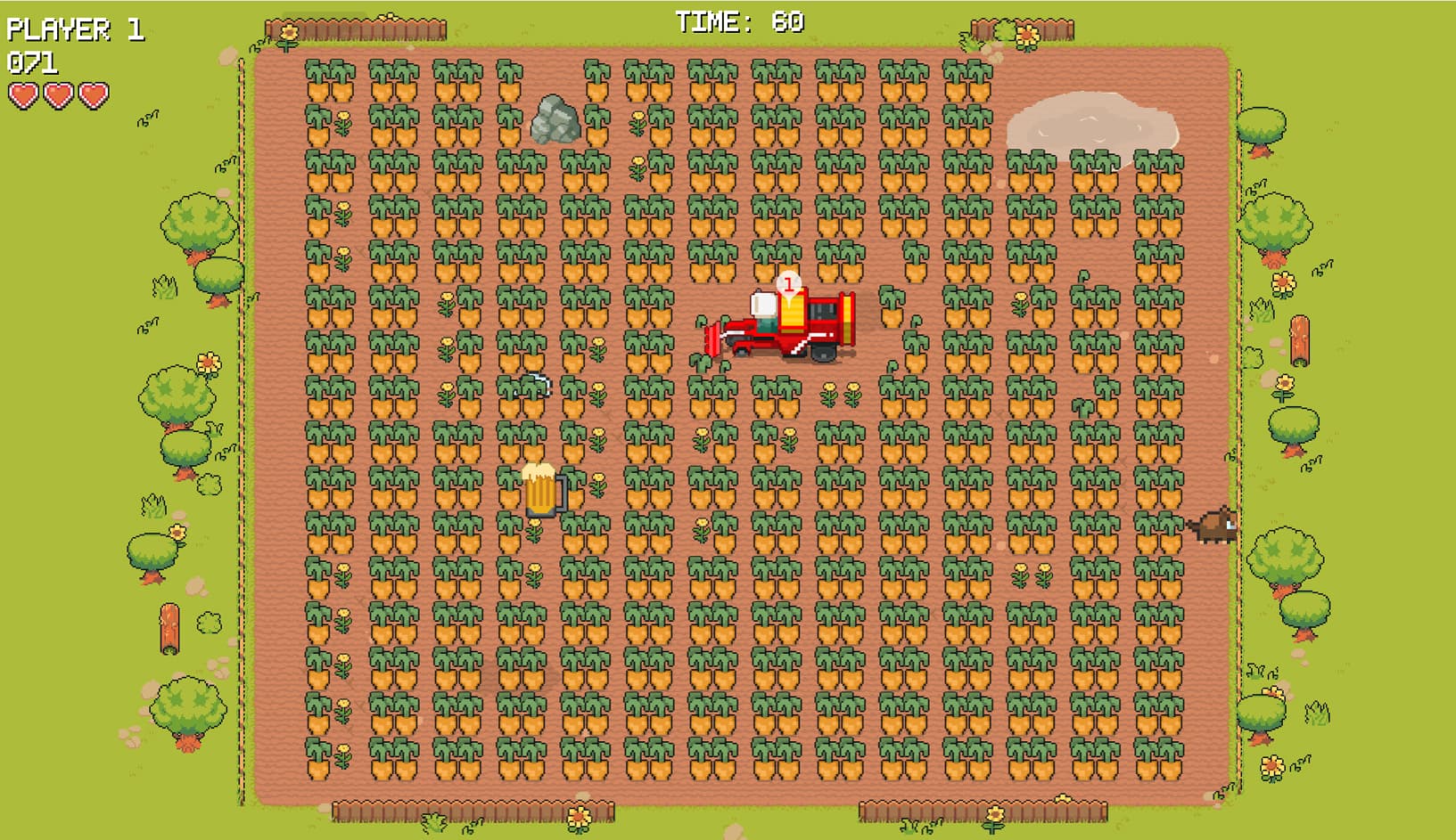 Spielszene aus dem Grimme Harvest Run Branded Game mit Pixel-Art-Grafik