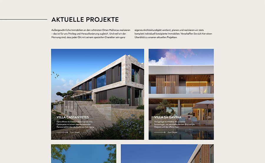 Screenshot der pni baleares Website mit der Übersicht aktueller Immobilienprojekte