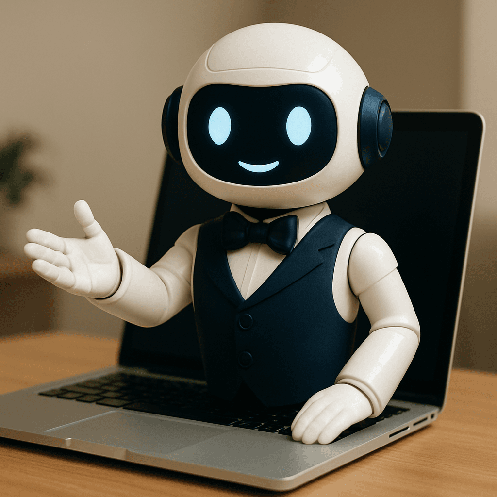 Freundlicher KI-Roboter am Laptop symbolisiert den Integrated AI Operator für digitale Kundeninteraktionen