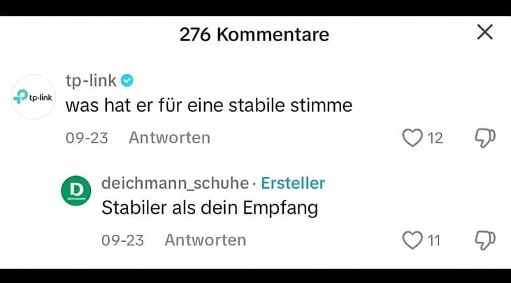 Humorvoller Social-Media-Austausch zwischen den Marken Deichmann und TP-Link in den Kommentaren