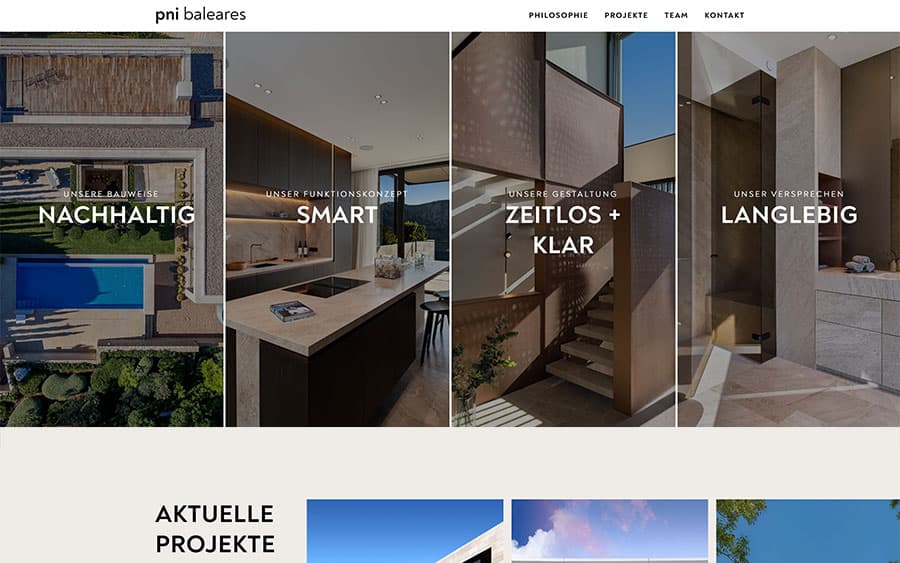 Webseiten-Ansicht mit großformatigen Immobilienbildern und kategoriebasierter Navigation