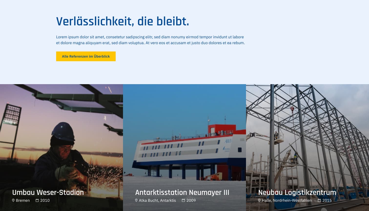 Referenzsektion der Wurst-Stahlbau-Website mit drei Bauprojekten: Weser-Stadion, Antarktisstation Neumayer III, Logistikzentrum