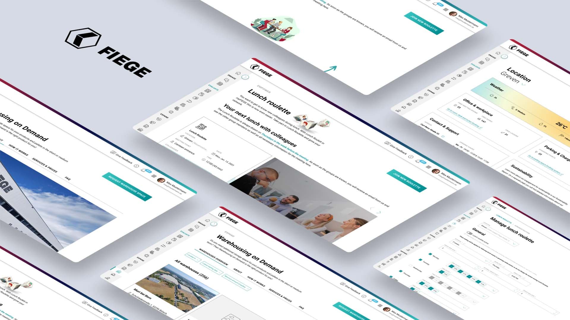 Mockups der User-Interface-Designs für die digitale Kundenplattform von FIEGE