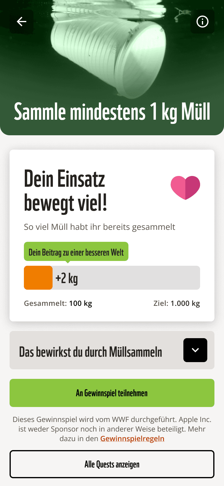 Erfolgs-Meldung der Pandaktiv App: 100 kg Müll gesammelt, +2 kg Fortschritt zum 1.000 kg Ziel