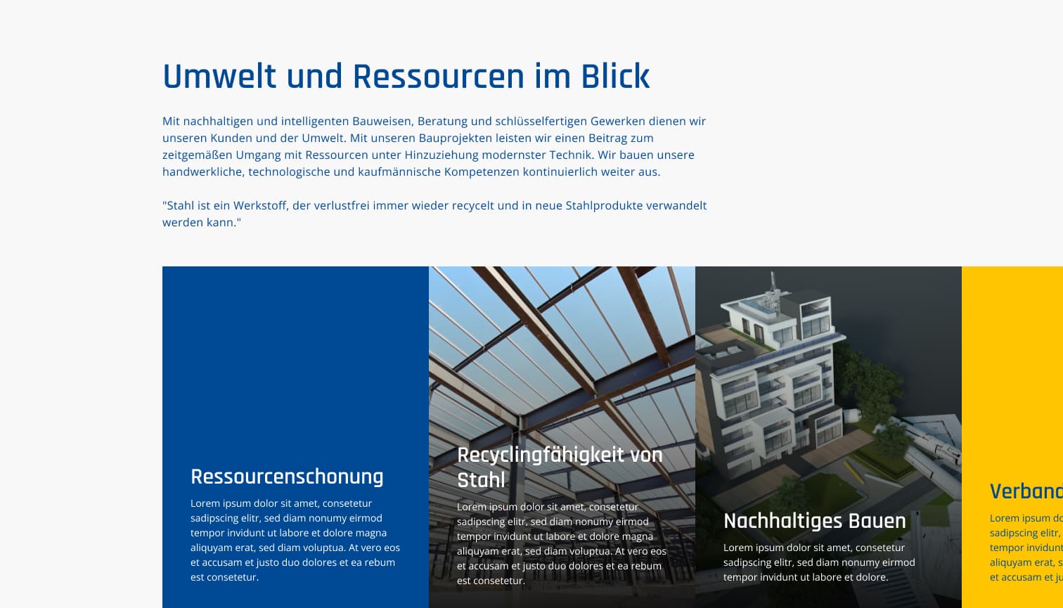 Wurst Stahlbau Website-Sektion 'Umwelt und Ressourcen im Blick' mit Karten zu Nachhaltigkeit und Stahlrecycling