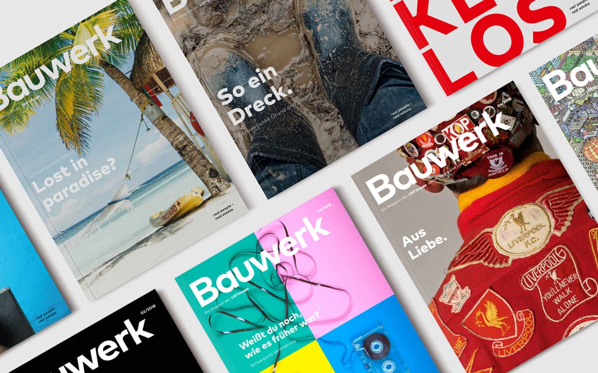 Verschiedene Ausgaben des Bauwerk-Magazins mit unterschiedlichen Cover-Designs in einer Übersicht