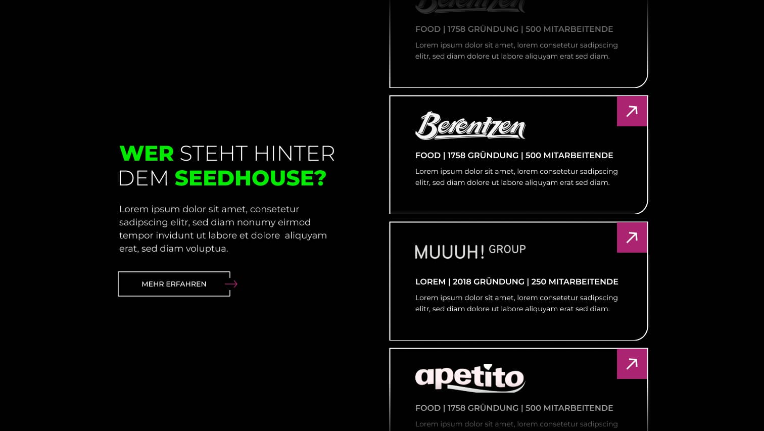 Website-Screenshot mit Netzwerk-Übersicht der Seedhouse-Partner: Berentzen, MUUUH! GROUP und apetito