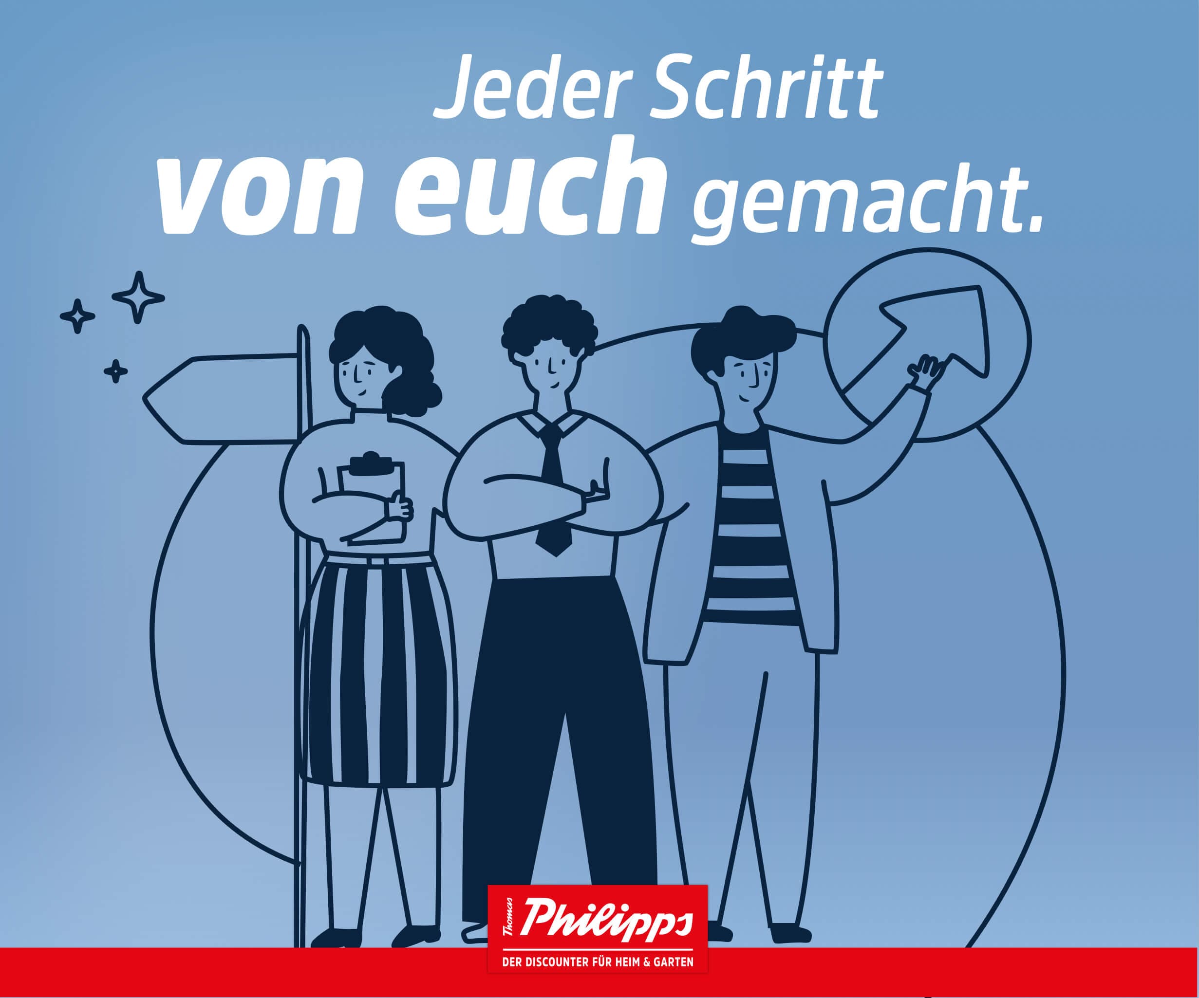 Drei illustrierte Personen mit Wegweisern und dem Claim 'Jeder Schritt von euch gemacht'