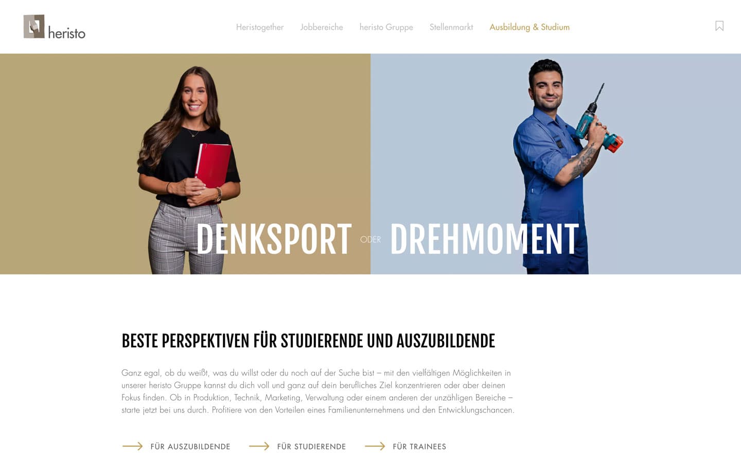 Screenshot der heristo-Karrierewebsite mit Navigation zu Ausbildungs- und Studienmöglichkeiten