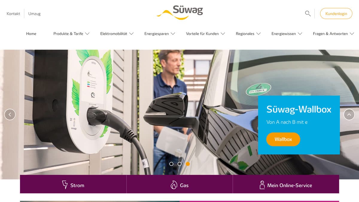 Screenshot der Süwag-Website mit Navigation, Hero-Bild und Service-Buttons