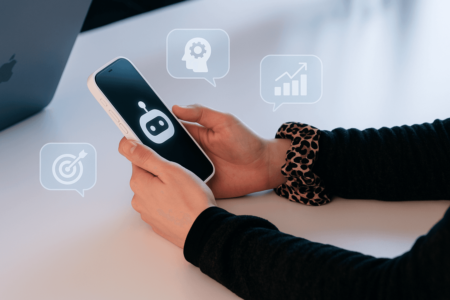 Hand haelt Smartphone mit KI-Bot-Icon, umgeben von schwebenden Symbolen fuer Ziele, Analyse und Wachstum