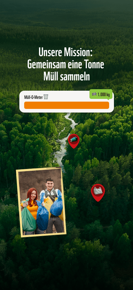 Woodwalkers-App-Screenshot: Mission 'Gemeinsam eine Tonne Müll sammeln' mit Müll-O-Meter-Fortschrittsbalken und Kartenansicht