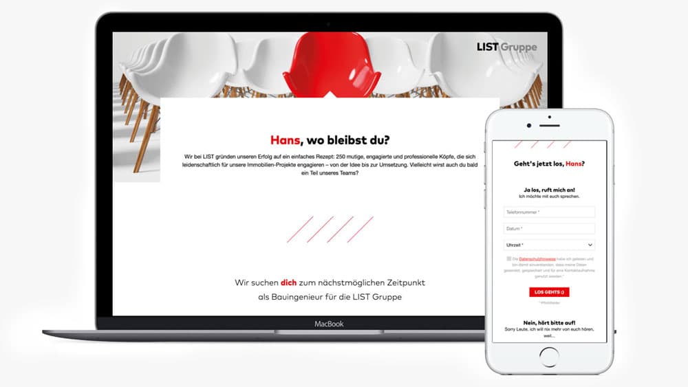Laptop und Smartphone zeigen personalisierte Recruiting-Landingpage 'Hans, wo bleibst du?' der LIST AG
