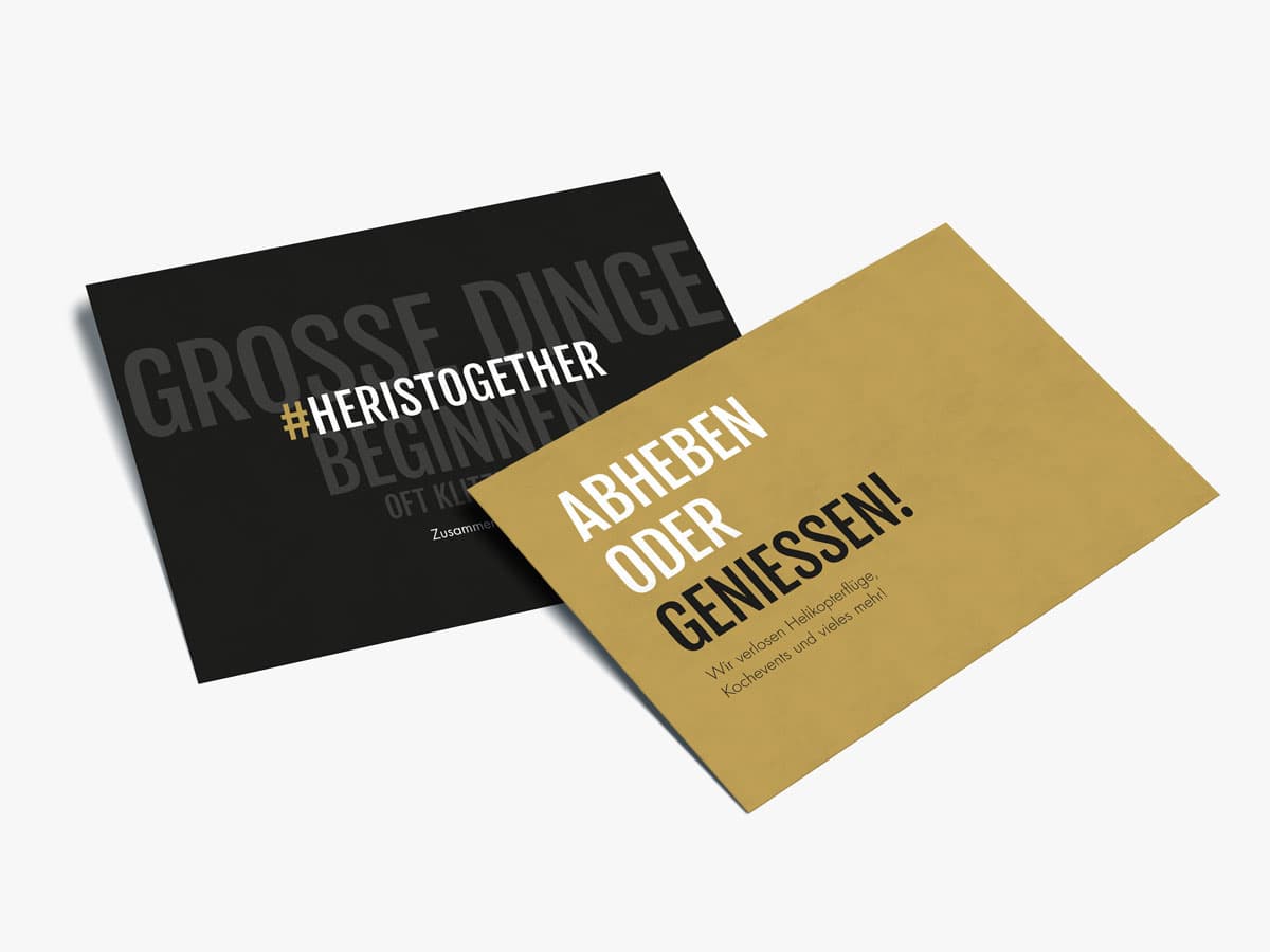 Zwei Postkarten der heristo Employer-Branding-Kampagne: '#HERISTOGETHER' und 'Abheben oder geniessen!'