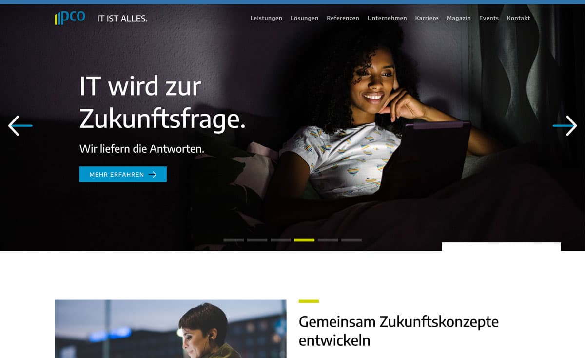 Screenshot der pco-Website mit Hero-Slider: 'IT wird zur Zukunftsfrage. Wir liefern die Antworten.'