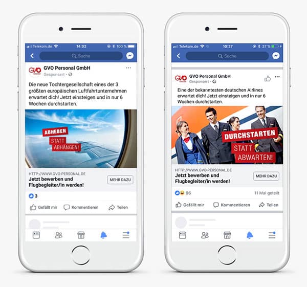 Zwei Smartphones zeigen Facebook-Anzeigen von GVO Personal GmbH zur Flugbegleiter-Recruiting-Kampagne