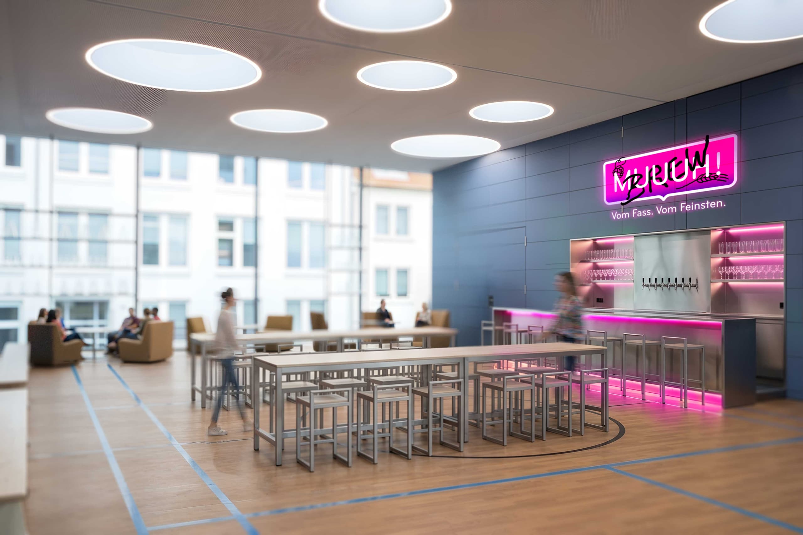 Umgebaute Turnhalle im Hageloft mit MUUUH! Brew-Bar, pinker Neonbeleuchtung, Zapfanlage und modernen Stehtischen