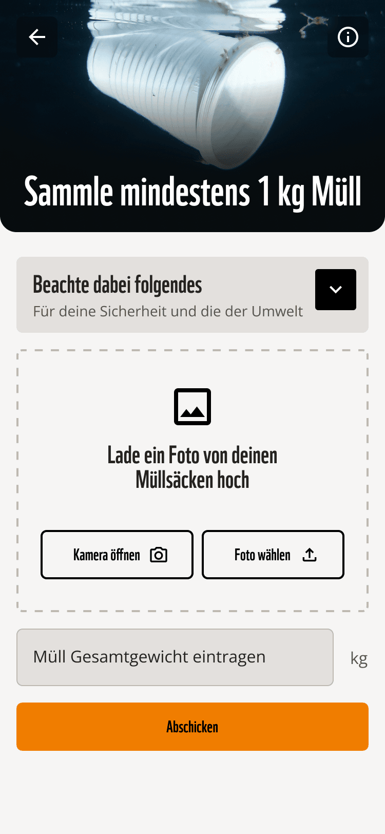 Screenshot der Müll-Quest-Challenge in der WWF PandAktiv App: Aufforderung, 1 kg Müll zu sammeln und Foto hochzuladen