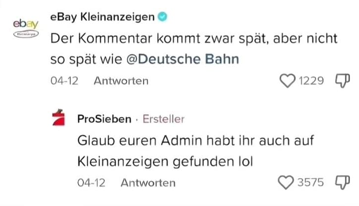 Screenshot eines TikTok-Kommentaraustauschs zwischen eBay Kleinanzeigen und ProSieben über den Admin der Deutschen Bahn