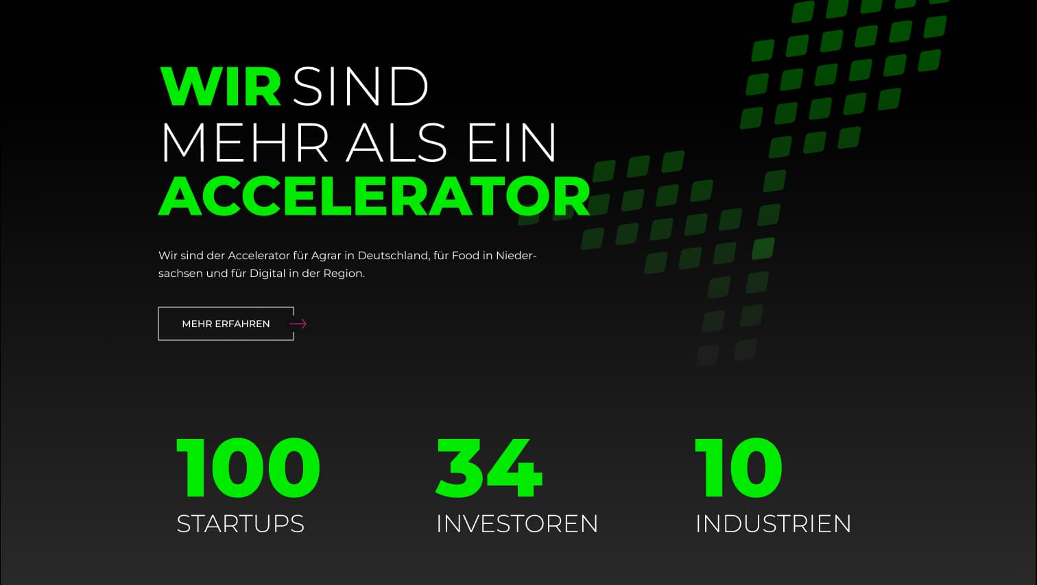 Screenshot der Seedhouse-Website mit Headline 'Wir sind mehr als ein Accelerator' und Key Facts: 100 Startups, 34 Investoren, 10 Industrien