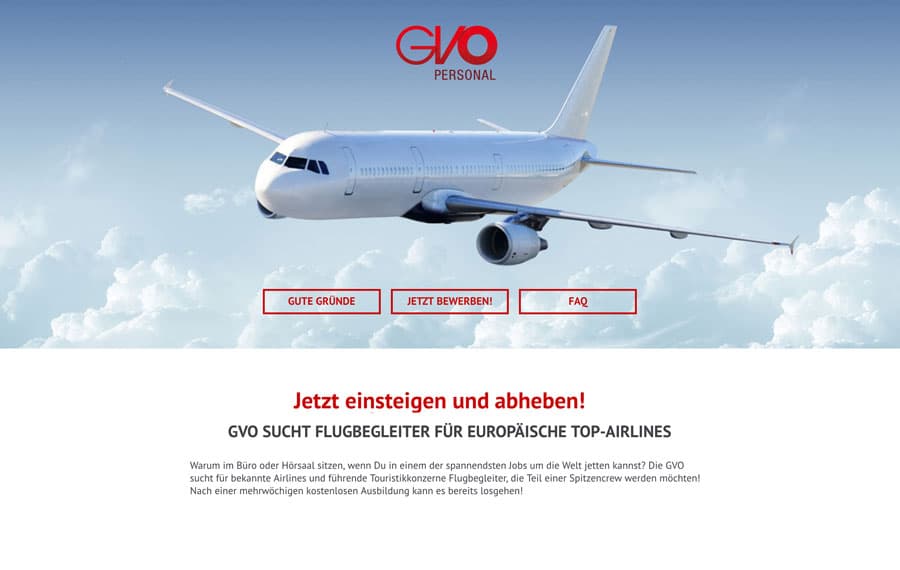 Screenshot der GVO-Recruiting-Landingpage mit Flugzeug, GVO-Logo und Headline 'Jetzt einsteigen und abheben!'