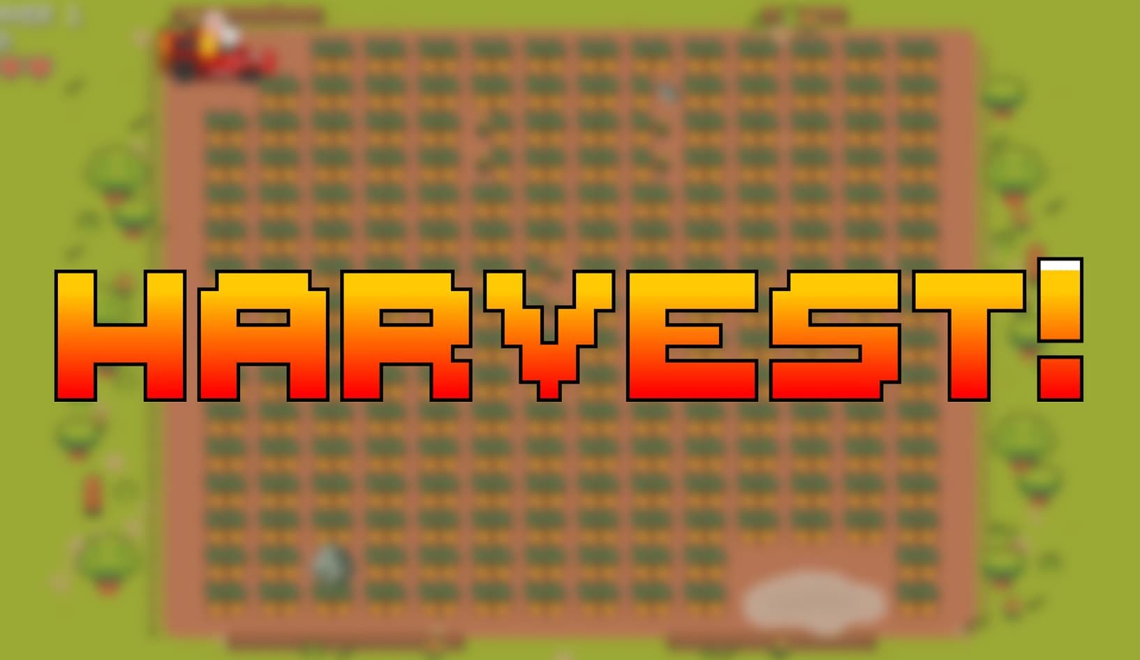 Screenshot des Grimme Harvest Run Branded Games: pixeliger Farmfeld-Aufsicht mit Schriftzug 'HARVEST!'