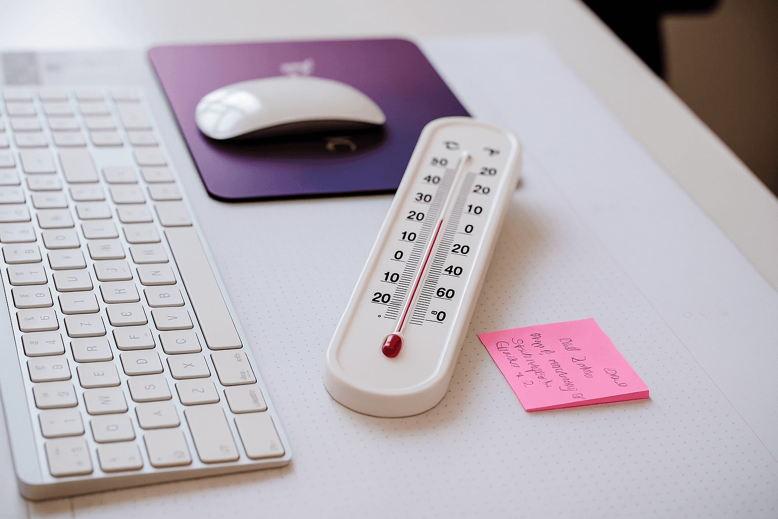 Thermometer auf einem Schreibtisch neben Tastatur und Maus – symbolisch für warme und kalte Leads im Vertrieb