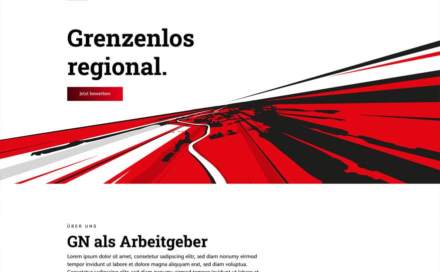 Screenshot des neuen GN-Karrierebereichs mit Headline 'Grenzenlos regional.' und einem roten Arbeitgebermarken-Hero
