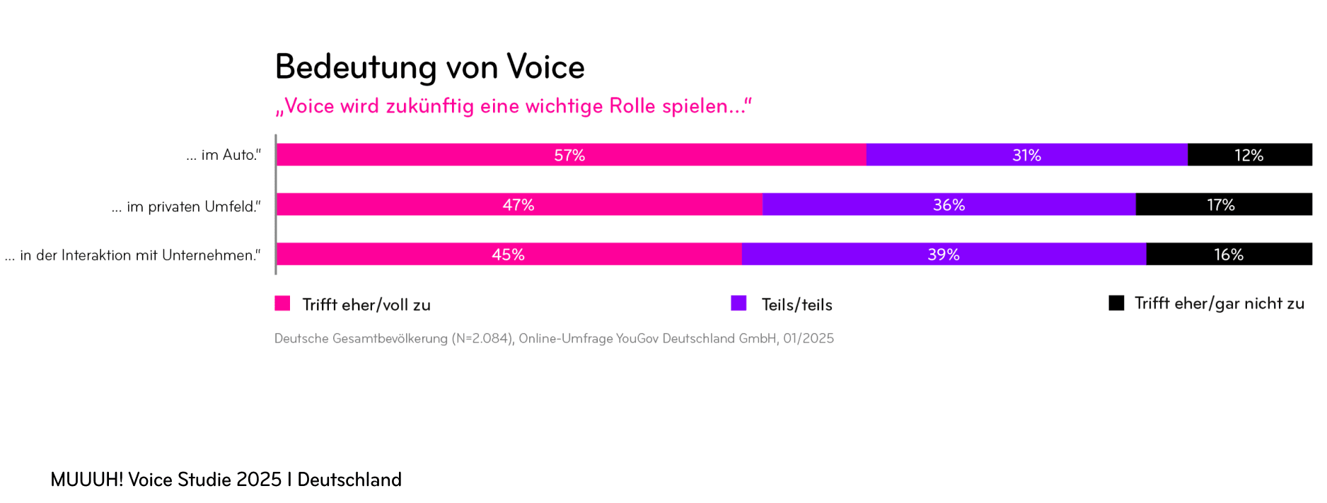 Balkendiagramm 'Bedeutung von Voice': Voice im Auto 57 % stimmen zu, privates Umfeld 47 %, Interaktion mit Unternehmen 45 %