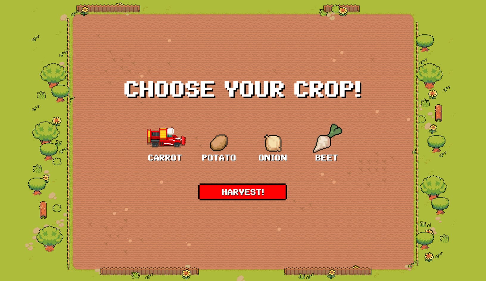 Screenshot des Harvest-Run-Spiels: Pixel-Art-Auswahl mit den Erntegütern Carrot, Potato, Onion und Beet sowie dem Button 'Harvest!'