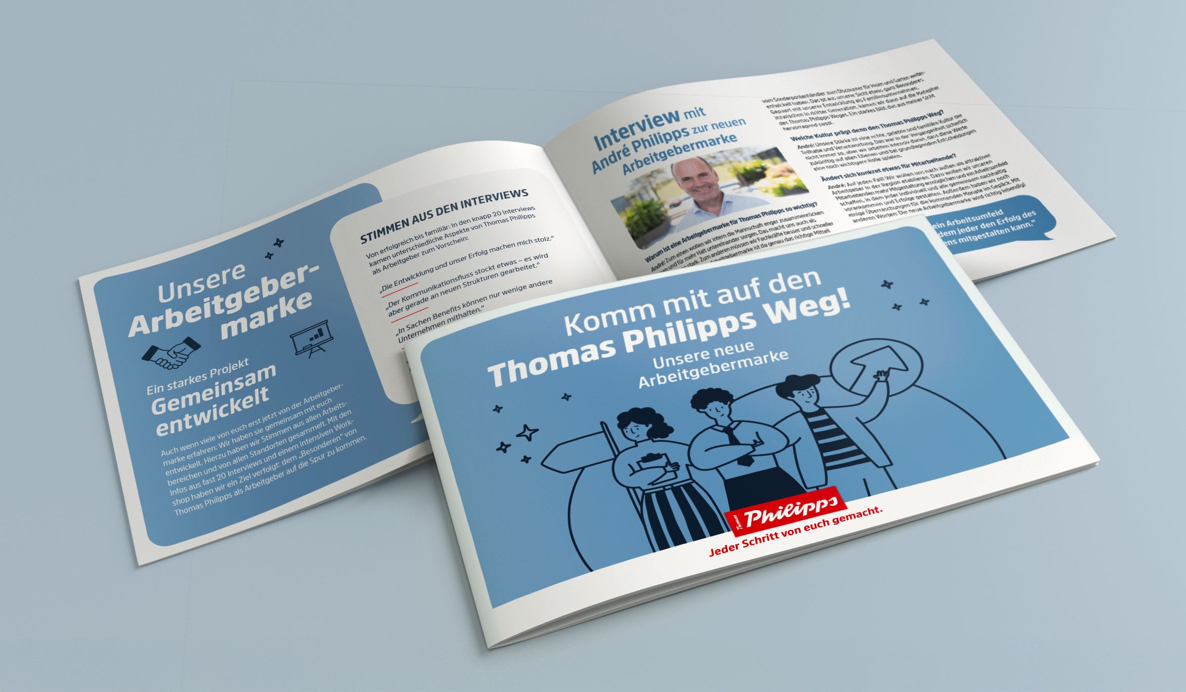 Aufgefächerte A5-Broschüre der neuen Arbeitgebermarke für Thomas Philipps mit Mitarbeiter-Illustrationen