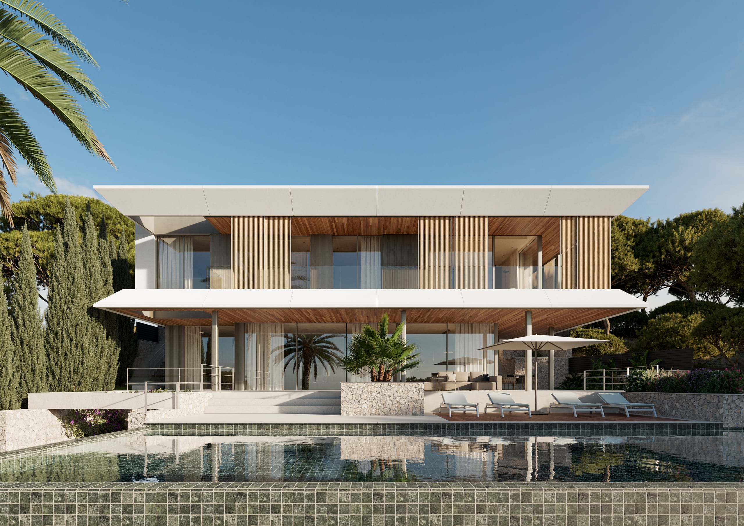 Moderne Luxusvilla von pni baleares auf Mallorca mit Pool, Holzfassade und mediterraner Bepflanzung