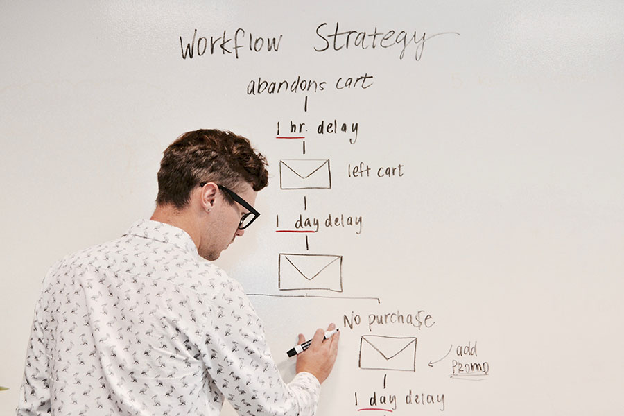 Man with marker writes campaign strategy on wall