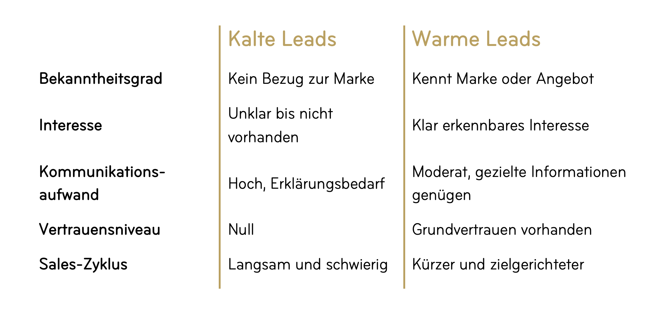 Tabellarische Auflistung der fünf wichtigsten Unterschiede zwischen kalten und warmen Leads: Kalte Leads kennen die Marke nicht, zeigen kaum Interesse und erfordern hohen Erklärungsaufwand. Vertrauen fehlt, der Sales-Zyklus ist lang und schwierig. Warme Leads kennen Marke oder Angebot, haben klares Interesse und benötigen nur gezielte Infos. Ein Grundvertrauen besteht, wodurch der Sales-Zyklus kürzer und effizienter ist.