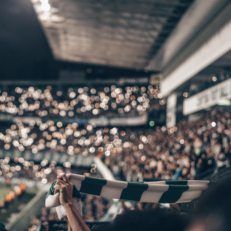 Ein Fan im Fußballstadion hält einen Schal hoch. Im Hintergrund sieht man viele andere Fans.