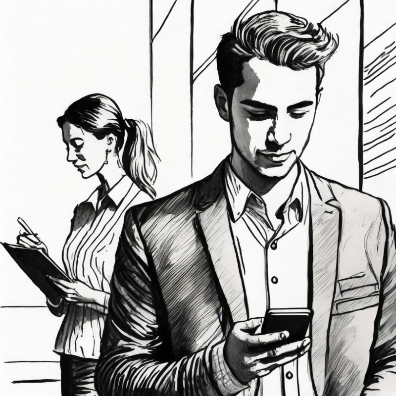 Strichzeichnung: Im Vordergrund ein Mann, der durch sein Handy scrollt; Im Hintergrund, eine Frau, die Notizen macht