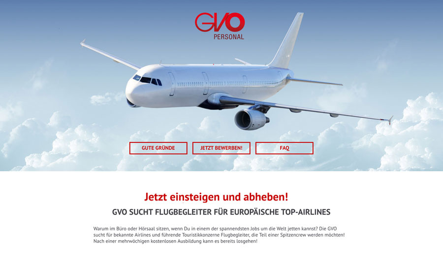 Landingpage mit Flugzeug der GVO Personal für Flugbegleiter
