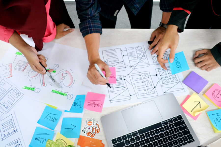 Team entwickelt Wireframes für digitale Plattform